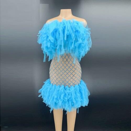 Fashion Mesh Lace Strapless Party Bodycon Dress Women Birthday Prom Evening Rhinestones Dress Singer Sexy Stage Show Wear
