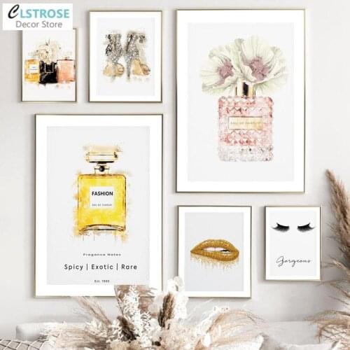 Fashion Flower Gold Perfume Lips High Heels Canvas Painting Nordic Abstract Vogue Posters and Prints Living Room for Decor