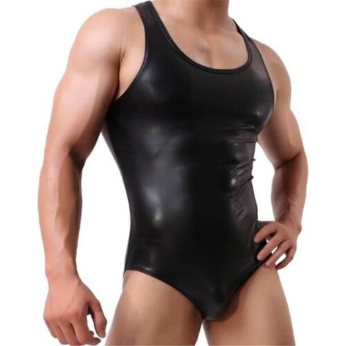 FR Mens Clothing Bodysuit Singlet,Mens Faux Leather BodySuit Underwear