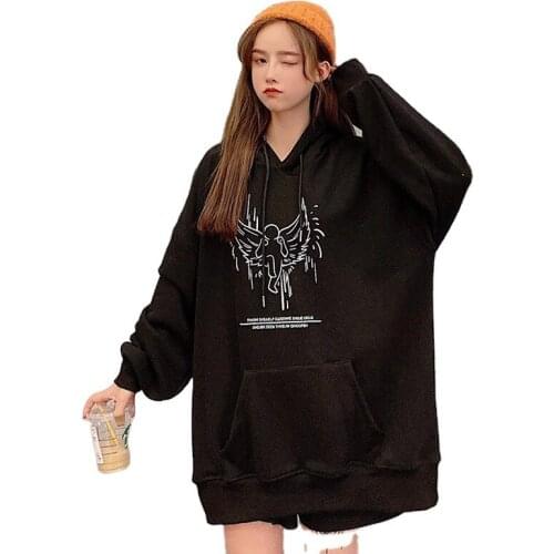 New Autumn And Winter Fashion Womens Flannel Thickened Korean Loose BF Slouchy Mid Length Sweatshirt Em