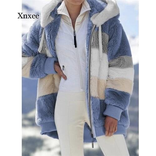 Winter Womens Jacket Fashion Plush Fight with Zipper Pocket Winter Hooded Jacket Retro Loose Long-Sleeved Plus Size Womens Top