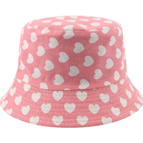New Reversible Pink Love Heart Print Bucket Hats Sun Cap For Women Fishing Hats