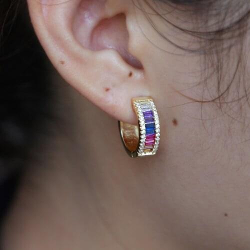Luxury Crystal Baguette Hoop Earrings For Women Jewelry Fashion Wedding Brincos Party rainbow colored cz Hoop Earring Wholesale