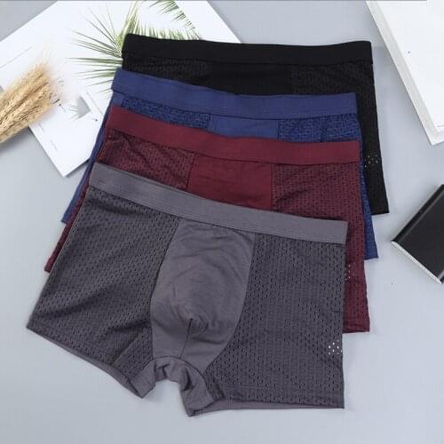 Mesh MenS Boxer Pantie Male Soft Breathable Four Season Fashion Hollow Out Underwear Middle Waist Underpants Sexy Shorts 2021