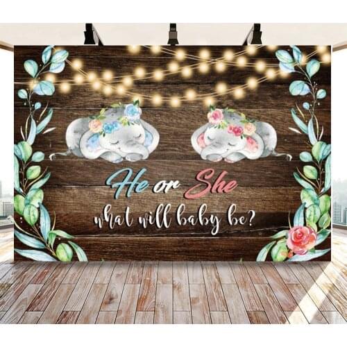 Elephant Baby Shower Photo Background Light Bokeh Wood Boy or Girl Gender Reveal Party Animals Decorations Photography Backdrops