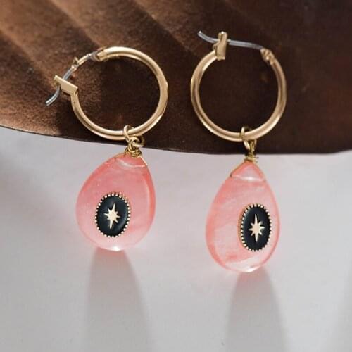 Fever&Free Autumn Winter Women Enamel Dangle Gold Earrings Pink Resin Water Drop Stone Vintage Earring Jewelry Aros De Moda 2019