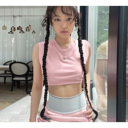 Kpop Jennie Korean Summer New Sexy Pink O-Neck Sleeveless Vest Short Tops+Slim High Waist Elastic A-Line Mini Dresses Women Sets
