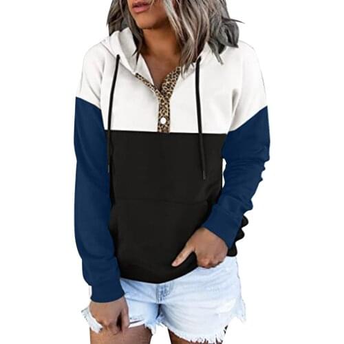 Ladies Casual Printed Leopard Print Stitching Color Button Hooded Drawstring Long-sleeved Hooded Sweater Top Sweatshirt