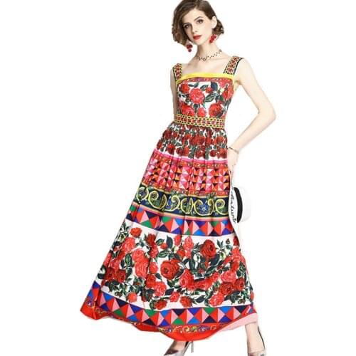 Brand2020 Runway Maxi Dress Summer Cute Women Luxury Rose Floral Print Spaghetti Strap Dresses Party Long Vestidos Robe Femme