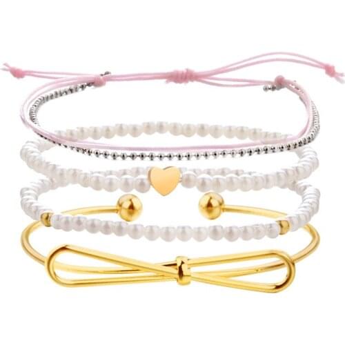 4 Pcs/set Trendy Women Simulated Pearl Heart Bracelet Charm Personality Bow Wedding Bracelets Jewelry Gifts
