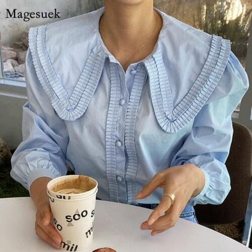 Spring Loose Women Blouses Turn-Down Collar Pleated Draped Solid Shirt Puff Sleeve Work Style OL Button White Tops Blusas 13861
