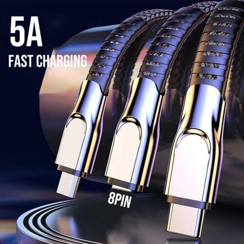 Super Charge 3 in 1 USB Cable for Huawei for iPhone 12 11 Pro Max 3in1 5A Fast Charge 8 Pin Micro USB Type C Cable for Samsung