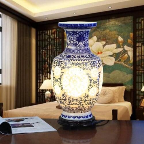 Ceramic Table Lamp Chinese Bedroom Bedside Jingdezhen Hollow Carving Creative decorative blue hollow out porcelain table lamp