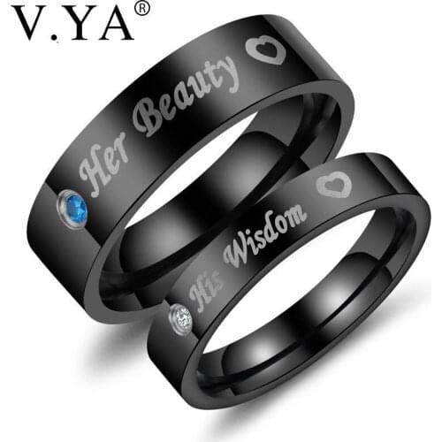 V.YA Romantic Couple Jewelry Stainless Steel Rings for Lovers Fashion Her Beauty & His Wisdom Anniversary Crystal Ring Dropship