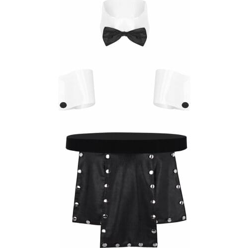 Mens Lingerie Set Role Play Costume Accessories Collar Cuffs with Metal Studded Kilt Underwear Faux Leather Low Rise Split Skirt