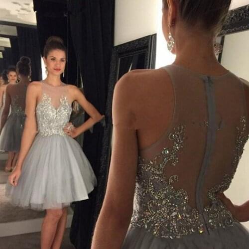 Jewel Neck Short Homecoming Dresses 2020 Zipper Back Tulle with Crystal Beaded Cocktail Party Dresses vestido de fiesta