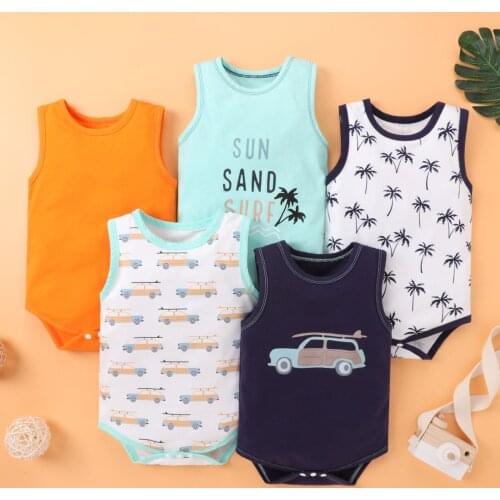 Summer Newborn Infant Baby Boys Girls Sleeveless Letter Cartoon Printed Sleeveless Romper Jumpsuit One Piece Outfits Clothes#p4