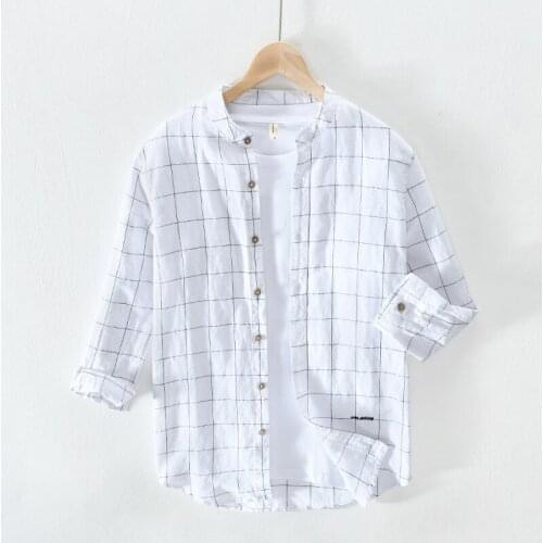 Mens new cotton linen 7-point sleeve shirt for men in summer 2020