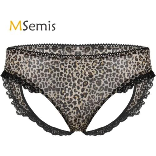 Mens Underwear Leopard Print Sheer Mesh Lingerie Panties Low Rise Heart Shaped Open Butt Lace Trim G-string Briefs Underpants