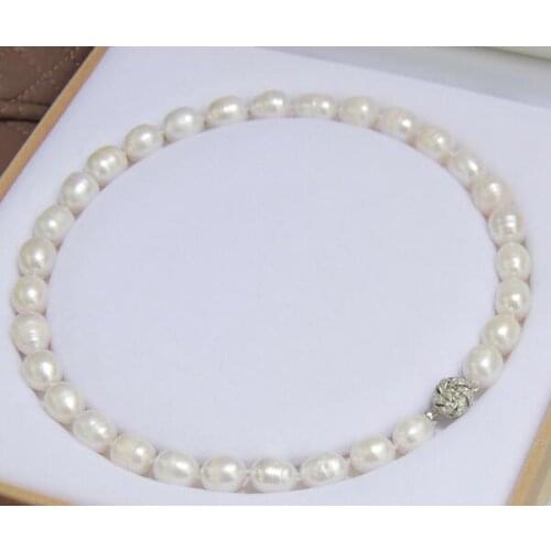11x12mm white oval rice pearl necklace rhinestone clasp baroque natural Freshwater PEARL Women Jewelry 35cm 43cm 15'' 17