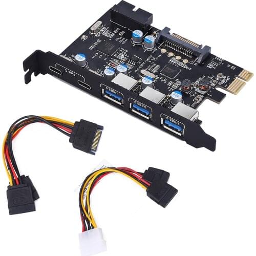 PCI-E to Type C (2) Type A (3) USB 3.0 5-Port PCI Express Expansion Card with Internal 19pin Connector for Windows MAC