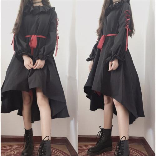 Cute Puppet Doll Style Lolita OP Dark Girl Bind Belt Ruffles Bowknot Loose Dress