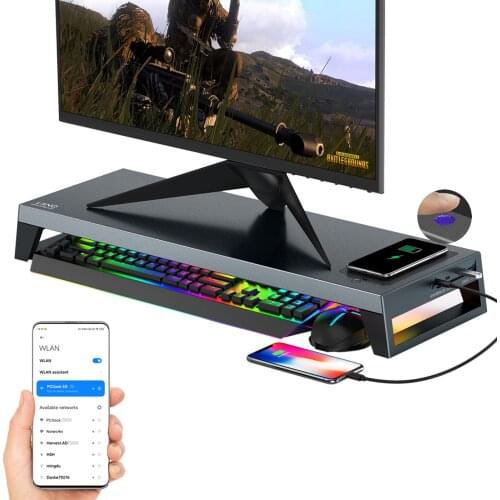 LANQ PCDock 8 in 1 Monitor Stand Aluminum Ally Made with Fingerprint ID,Hub,Wireless Charge,BT,Wifi,Hotspot Sharing Function