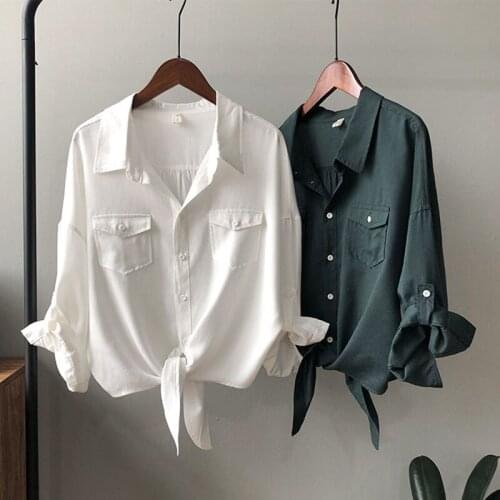 Casual Fashion Loose White Womens Blouse Summer 2021 High Quality Office Lady Pockets Bandage Bow Retro Short Shirts And Tops