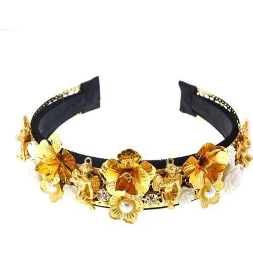 Baroque retro rhinestone headband fashion design full gold color metal flowers wild female accessories hair band headband