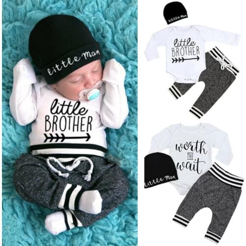 Pudcoco 2020 Newborn Infant Baby Boy Clothes Sets 3pcs Little Brother Long Sleeve Romper Pant Hats Outfit Boy Clothes