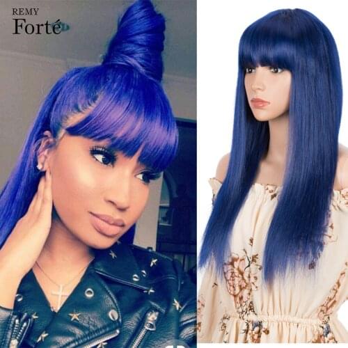 Remy Forte Human Hair Wigs For Women 28 Inch ROYAL BLUE Straight Bob Wig With Bangs Blonde Cosplay Brazilian Hair Colored Wig