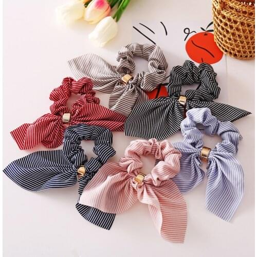 Korean Cute Rabbit Ear Striped Bow Hair Scrunchies Satin Elastic Hair Bands Rope Ties for Women Hair Accessories