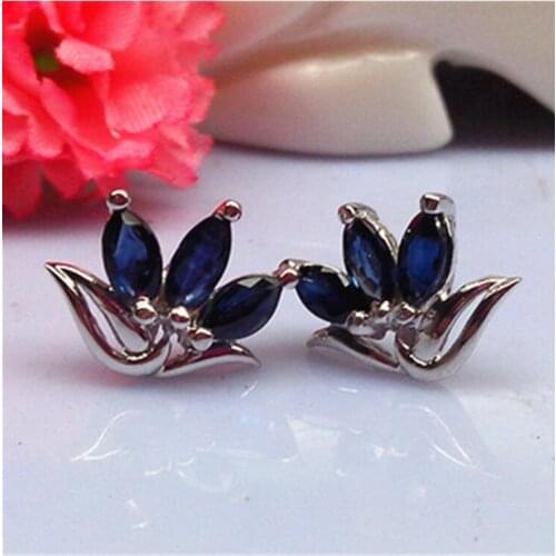 Sapphire stud earring Free sipping Jewelry Natural real sapphire 925 silver Gem size 3*6mm 3pcs