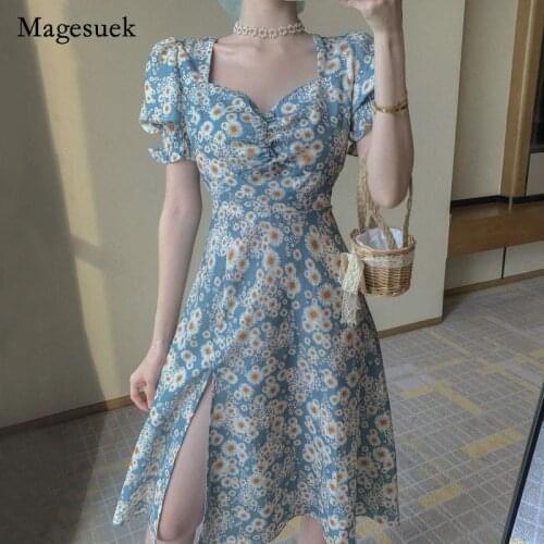 French Style Chic Summer Floral Dress Women Puff Sleeve Chiffon Split Summer Dresses Sexy Korean Print Dress Women Vestido 14555
