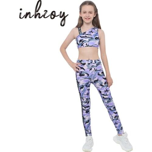 Kids Teens Sports Suits Crop Top with Leggings Pants 2 Pieces Sets Girls Gymnastics Ballet Dance Wear Camouflage Print Tracksuit