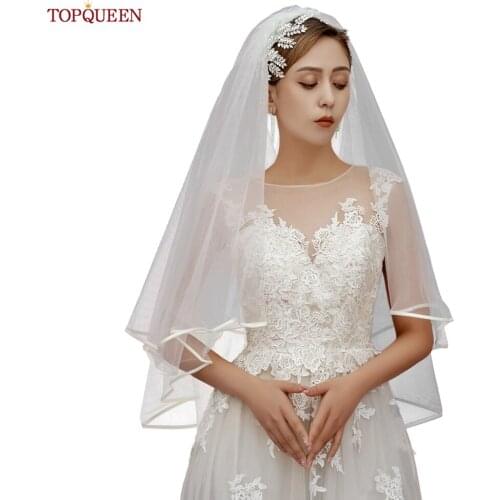 TOPQUEEN V97 Wedding Veil 2 Layer Bridal Accessories Wedding Short Veil Wedding Veil Shoulder Bridal Veils with Ribbon Edge
