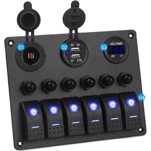 6 Gang Waterproof LED Rocker Switch Panel for Car Auto Boat SUV RV Circuit Breakers Voltmeter Car Switches Car Dual USB charger