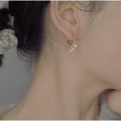 High-Quality Copper-Plated Real Gold Pure Hand-Made Three Pearl Square Earrings Simple Temperament Japanese And Korean Earrings