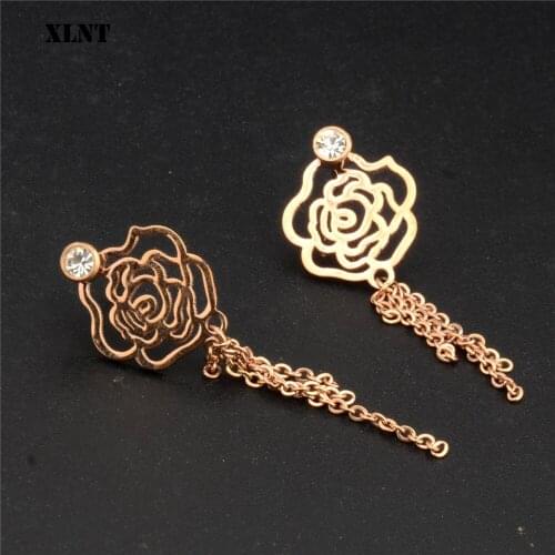 XLNT New Fashion Rose Plated Dangle Hanging Gem Stone Rhinestone Long Drop Earrings For Women Jewelry brincos bijoux