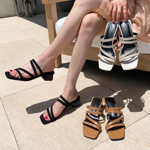 YQBTDL Fashion Women Plus Size Shoes Summer Narrow Band Gladiator High Heels Slides Black Suede Brown Ladies Slippers Ourdoor