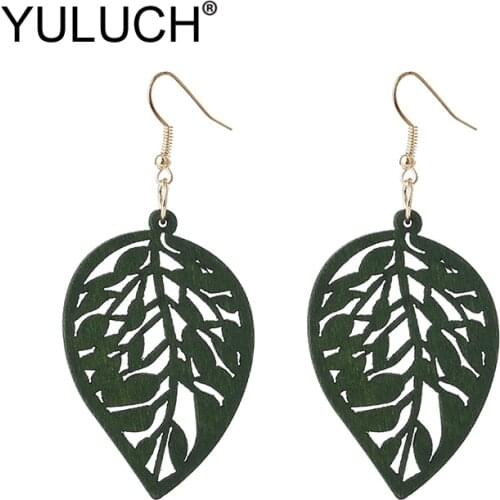 YULUCH Trendy Women Red Green Hollow Wood Leaf Pattern Dangle Earrings Fashion Jewelry Ethnic African Indian Long Drop Earrings