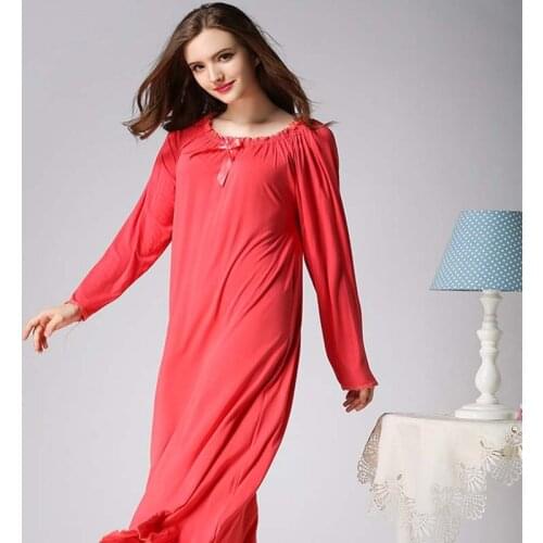 Women Nightgowns O-Neck Bowknot Vintage Sleepshirts Knit Cotton Pullover Loose Nightwear Night Dress Pregnant Women Nightgown