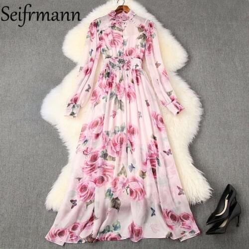 Seifrmann New 2021 Summer Women Fashion Runway Holiday Maxi Dress Long Sleeve Beading Rose Floral Printed A-Line Long Dresses