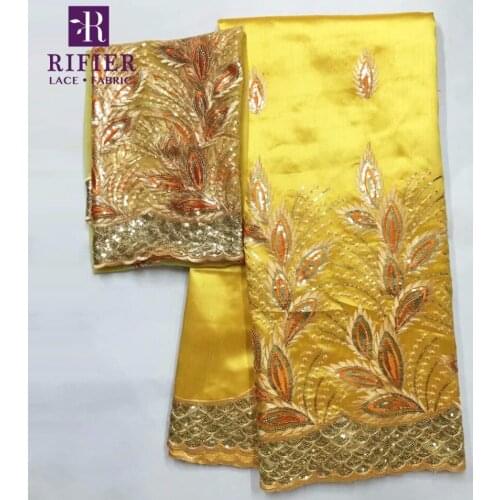 Gold Line Embroidered African George Lace Fabrics With Net Blouse 5+2 Yards Style Sequined Indian Wedding Evening Dress Fabrics