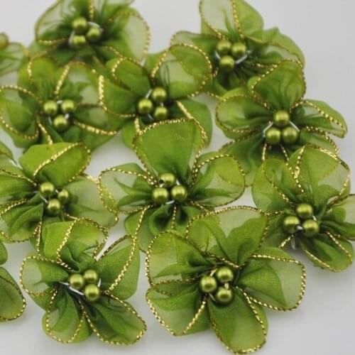 10Pcs 30mm Pick Organza Ribbon Flowers Bows Beads Appliques Wedding Craft DIY Christmas Decoration