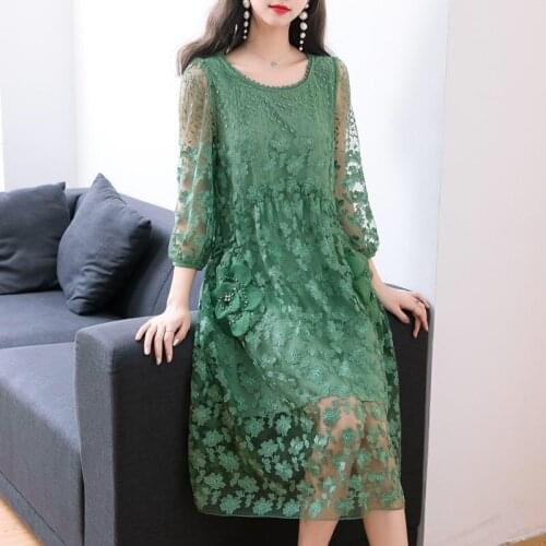 2020 Summer Spring Womens 3/4 Sleeve High Waisted Embroidery Green Mesh Dress , Beads Appliques Flower Dresses for Woman