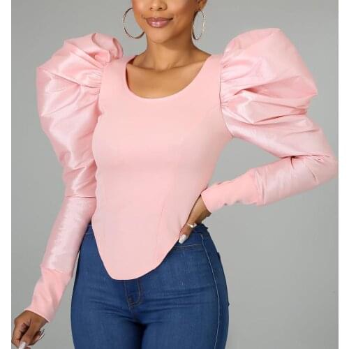 2021 New Long Sleeve Blouse For Women Pink Puff Sleeve Slim Elegant For Work Business Office Lady Wear Tops Blouse Shirts Hot
