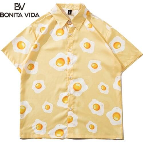 Bonita Vida Fast Drying Hip Hop Short Shirt Oversized Men Summer 3D Funy Poached Egg Print Hawaiian Ultra Thin Cool Beach Shirts
