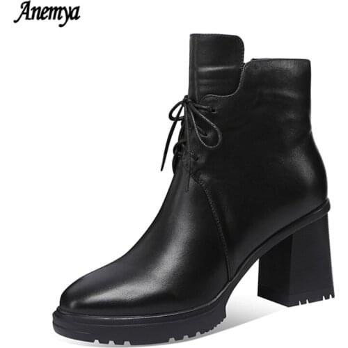 Genuine Leather Women Ankle Boots Platform Square Heel Ladies Lace Up 8CM High Heel Boots Thick Heel Winter Shoes Female Black