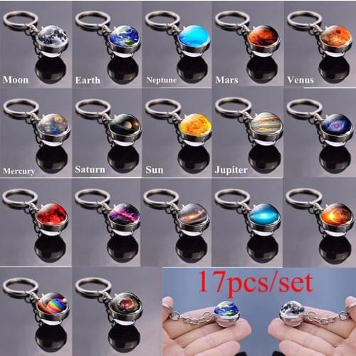 17Pcs/set Solar System Set Planet Keyring Galaxy Nebula Star Keychain Moon Earth Picture Double Side Glass Ball Key Chain